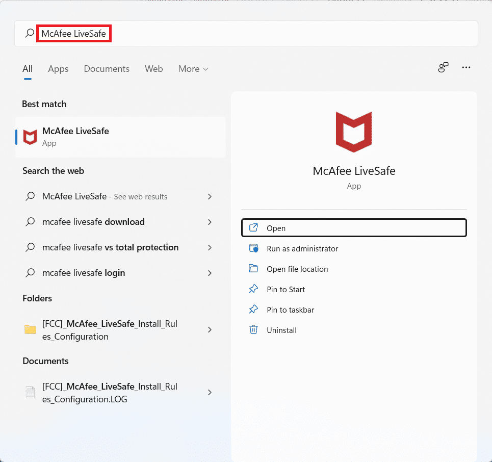 Resultados de la búsqueda en el menú Inicio de McAfee |  Cómo aumentar la velocidad de Internet en Windows 11