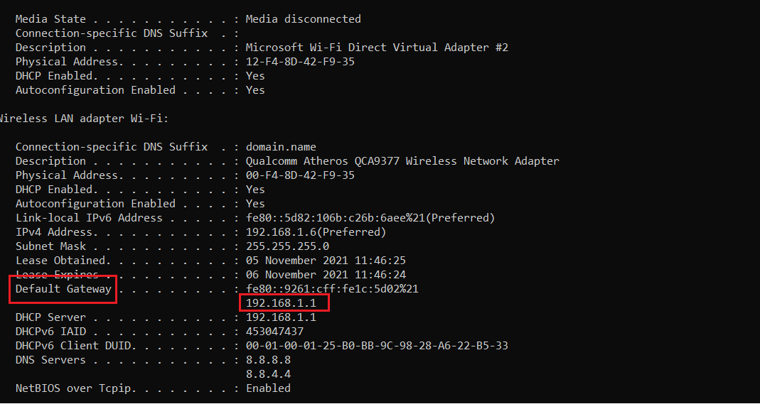 encuentre los detalles de la puerta de enlace predeterminada después de ejecutar el comando ipconfig en cmd o en el símbolo del sistema