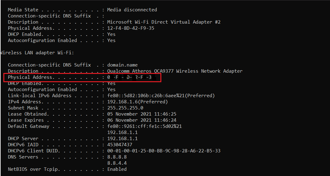 dirección física del resultado del comando ipconfig o información de la dirección MAC en el símbolo del sistema