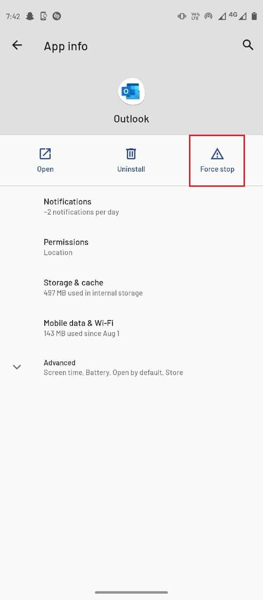 Seleccione Forzar parada.  Arreglar Actualmente no se puede enviar su mensaje en Outlook Mobile