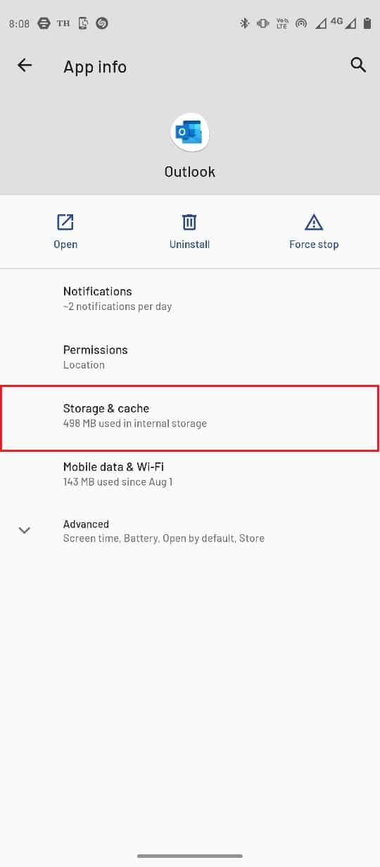 Seleccione Almacenamiento y caché.  Arreglar Actualmente no se puede enviar su mensaje en Outlook Mobile