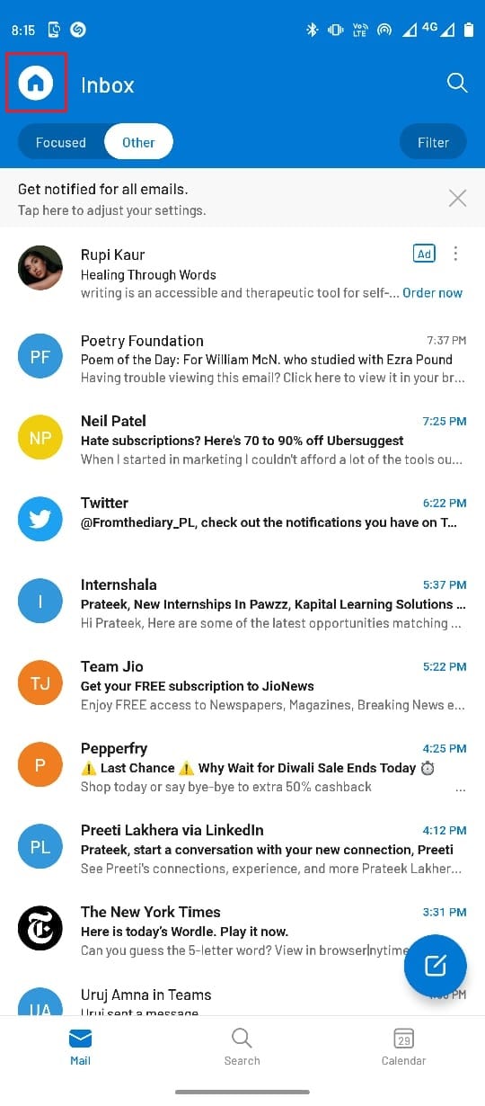 Seleccione el icono de Perfil.  Arreglar Actualmente no se puede enviar su mensaje en Outlook Mobile