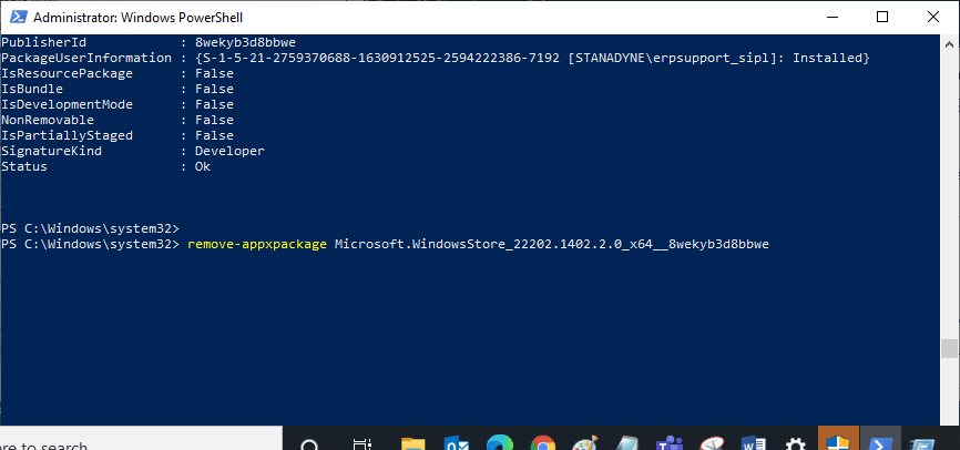 Ahora, vaya a una nueva línea en la ventana de PowerShell y escriba remove appxpackage seguido de un espacio y la línea que copió en el paso anterior.  Arreglar el código de error de Microsoft Store 0xc03f300d