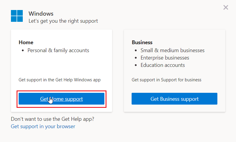 haga clic en obtener soporte para el hogar