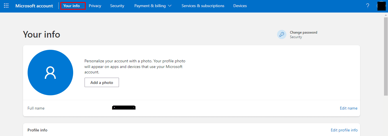 Haga clic en la opción Su información en la barra de navegación superior |  ¿Cómo puedes eliminar tu cuenta de Xbox?