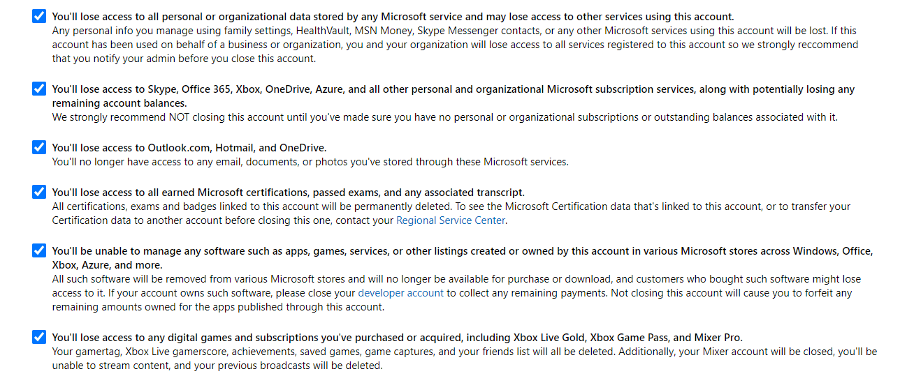 Marque todas las casillas para confirmar que ha examinado todos los impactos de cierre de cuenta más comunes