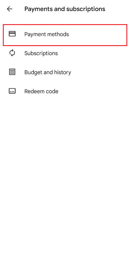 Play Store - Pagos y suscripciones - Métodos de pago