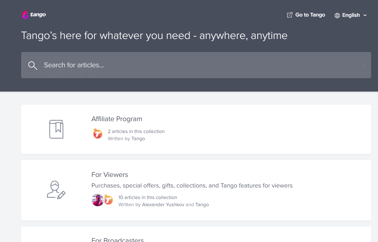 Página web del Centro de ayuda de Tango |  Cómo eliminar una cuenta de Tango