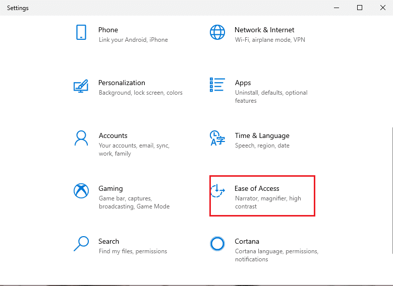 vaya a la sección 'Facilidad de acceso' de la lista de opciones | Cómo cambiar el puntero del mouse en Windows 10