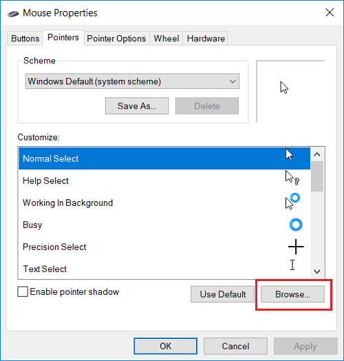 Así que seleccione el cursor deseado de la lista y luego haga clic en Examinar | Cómo cambiar el puntero del mouse en Windows 10