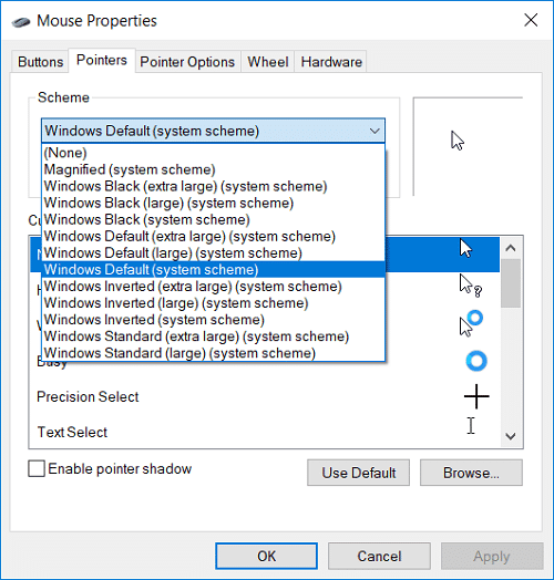 Ahora, en el menú desplegable Esquema, seleccione cualquiera de los temas de cursor instalados