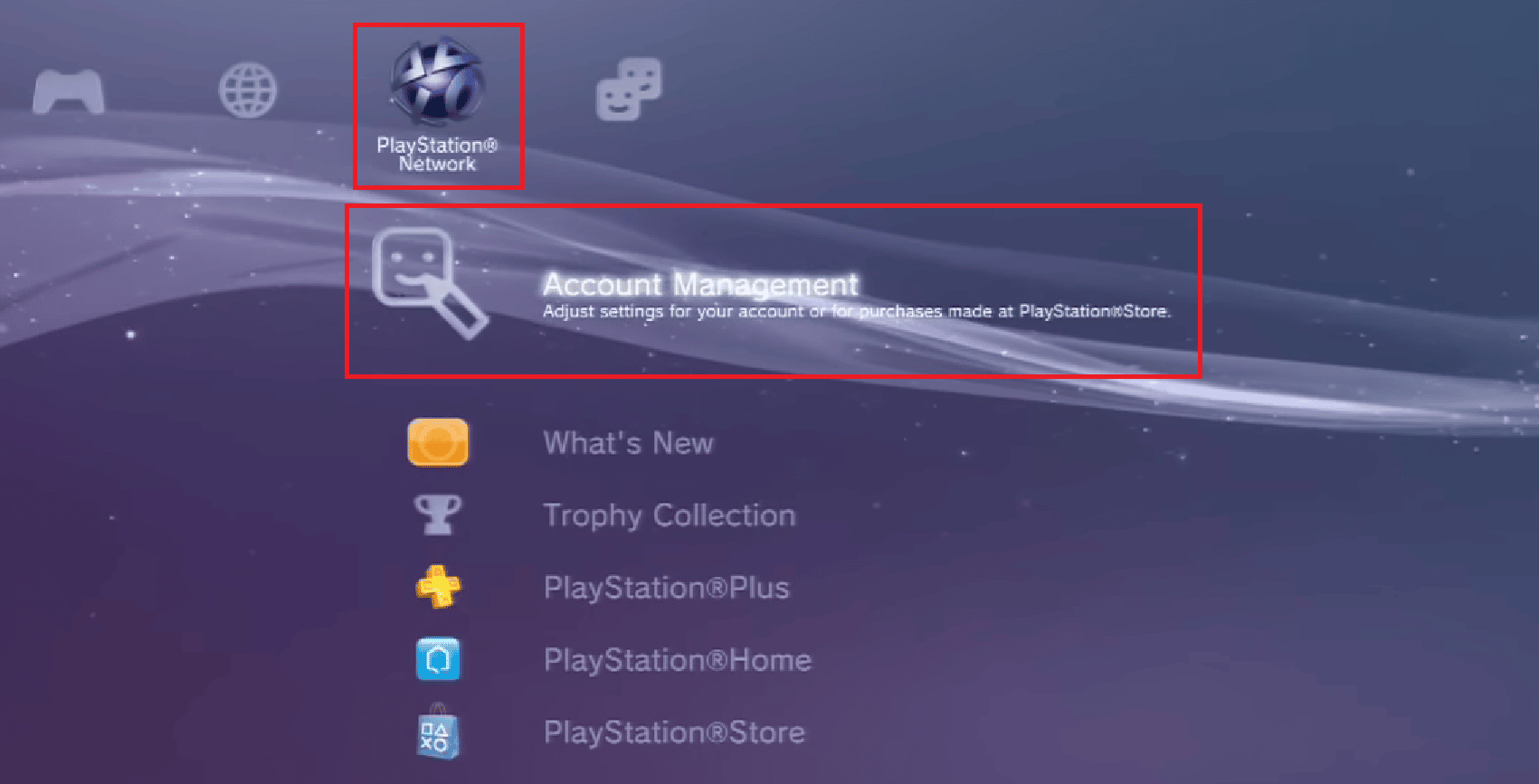 Desde su pantalla XrossMediaBar (XMB), seleccione PlayStation Network - Seleccione Administración de cuentas