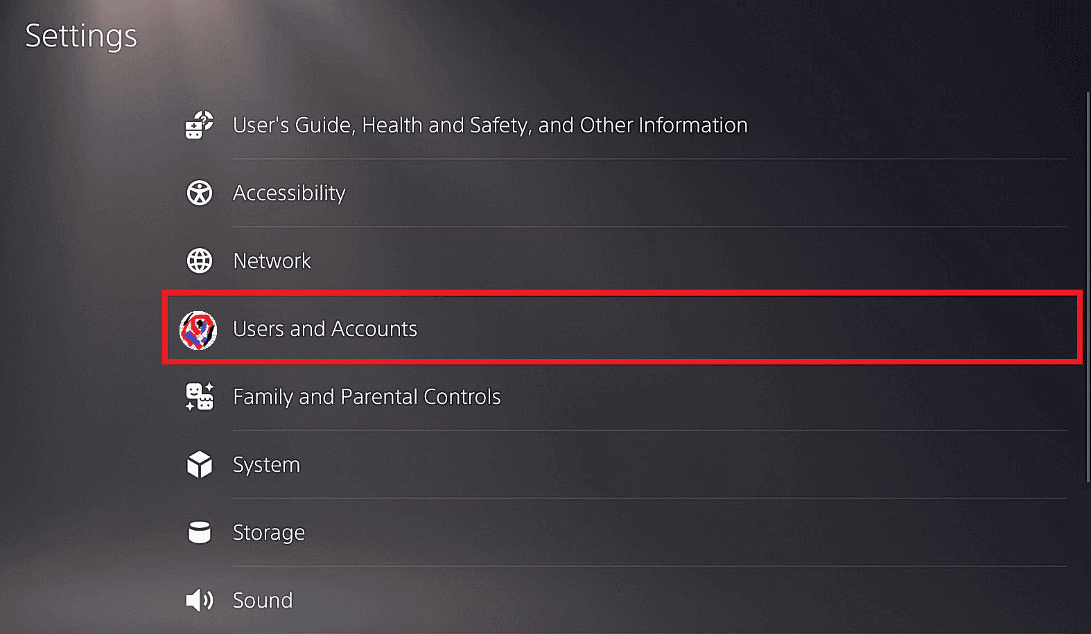 Dirígete a Usuarios y Cuentas |  desactivar todos los sistemas PS3