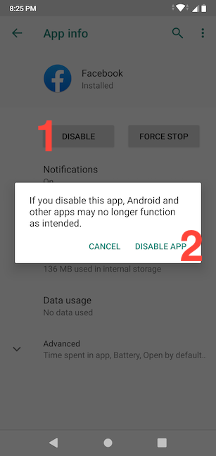 Toque en Desactivar aplicación para ocultar la aplicación