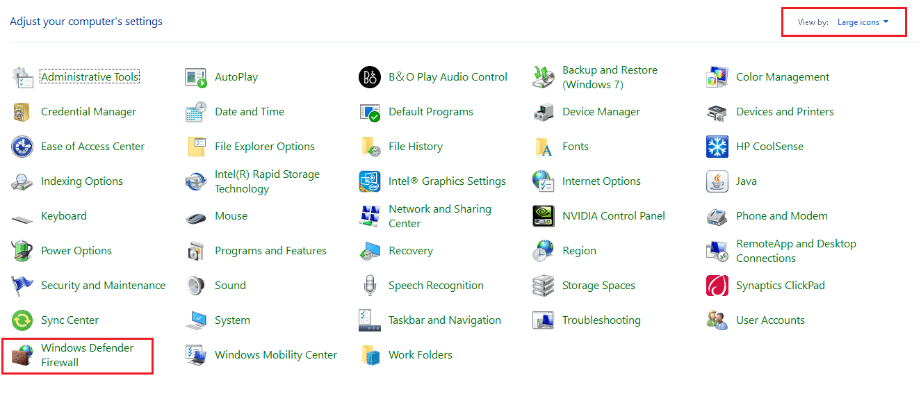 configure Ver por en Iconos grandes y haga clic en Firewall de Windows Defender para continuar. Cómo arreglar Steam que no se abre en Windows 10