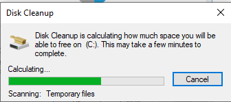 Aparecerá un mensaje y The Disk Cleanup calculará la cantidad de espacio que se puede liberar.