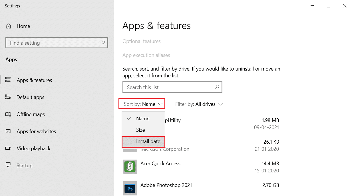 en la ventana de aplicaciones y funciones, establezca Ordenar en Fecha de instalación para la lista de aplicaciones. Cómo arreglar Steam que no se abre en Windows 10