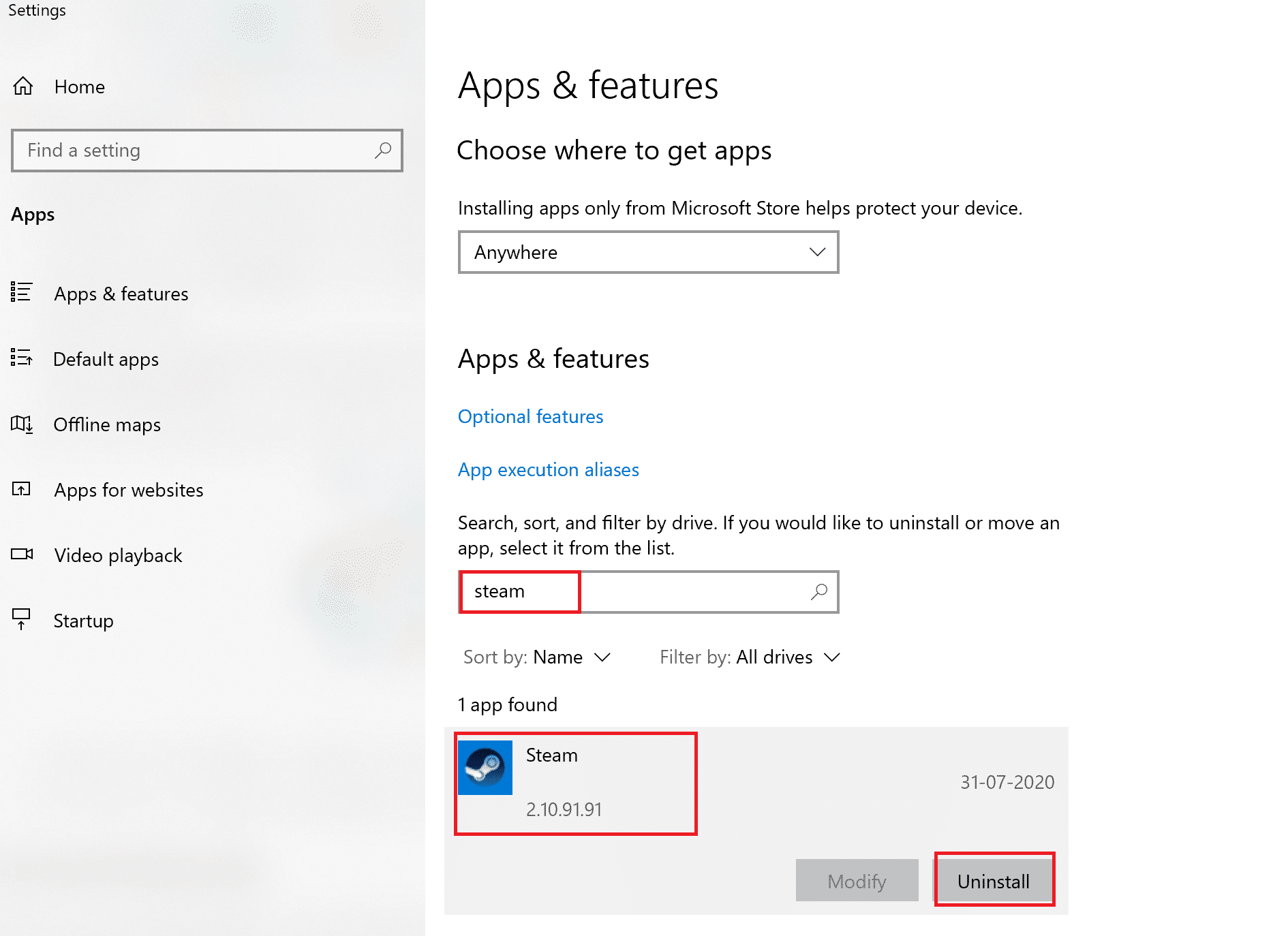 haz clic en Steam y selecciona Desinstalar. Cómo arreglar Steam que no se abre en Windows 10