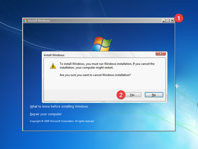 Cerrar Instalar Windows 7 y reiniciar