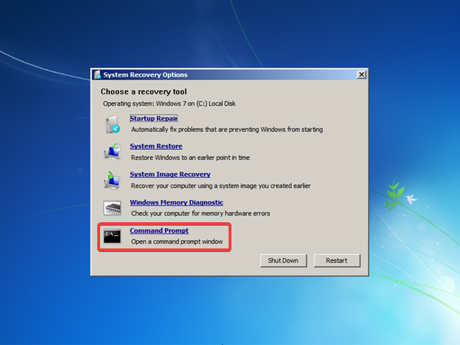 Opciones de recuperación del sistema que ofrece un disco de reparación para Windows 7