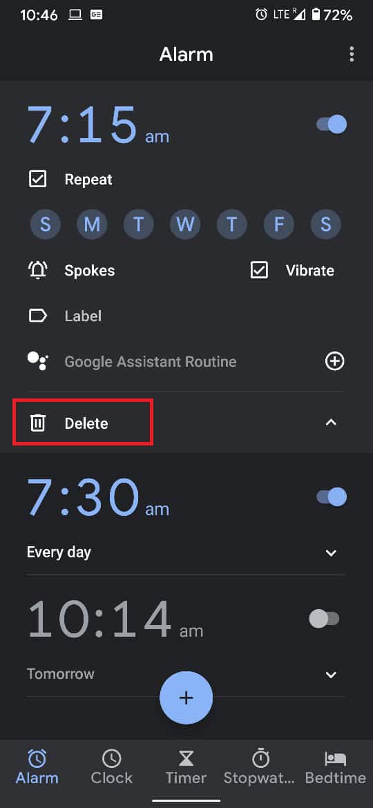 En la parte inferior, toque Eliminar para cancelar la alarma.