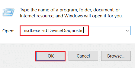escriba el comando msdt.exe id DeviceDiagnostic en el cuadro de comando Ejecutar y seleccione Aceptar