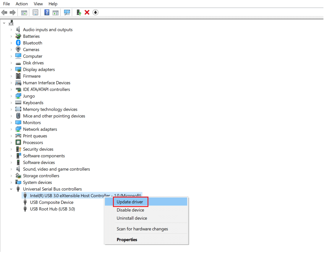 Haga clic derecho en el controlador USB y seleccione Actualizar controlador.  Reparar solicitud de descriptor de dispositivo USB desconocido falló en Windows 10