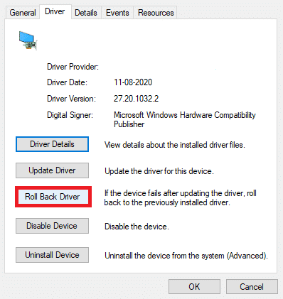 retroceder el controlador.  Reparar solicitud de descriptor de dispositivo USB desconocido falló en Windows 10