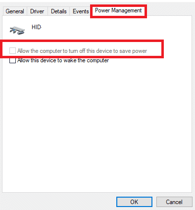 cambie a la pestaña Administración de energía y desmarque la casilla Permitir que la computadora apague este dispositivo para ahorrar energía