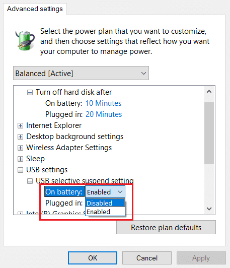 seleccione la configuración de la batería para deshabilitarla en la configuración de suspensión selectiva de usb en la configuración de usb en la ventana Cambiar configuración avanzada de energía
