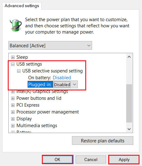 haga clic en Aplicar y luego en Aceptar para guardar los cambios después de deshabilitar la configuración de suspensión selectiva de usb en la configuración de usb en la ventana Cambiar configuración avanzada de energía
