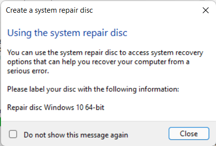 Se creó el disco de reparación del sistema.