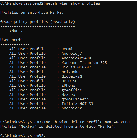 Reemplace el nombre de WiFi para eliminar con el nombre de la red que desea eliminar