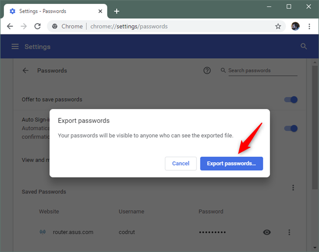 Confirmar que desea exportar contraseñas de Chrome