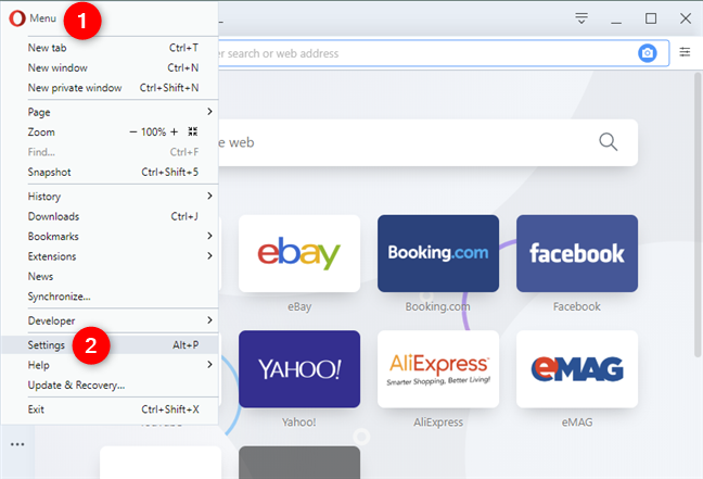 La opción Ajustes del Menú de Opera
