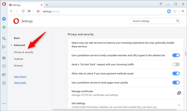 La Privacidad &  opciones de seguridad desde la Configuración avanzada de Opera