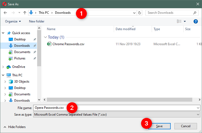 Elegir una ubicación, un nombre y un tipo de archivo para el archivo Opera Passwords