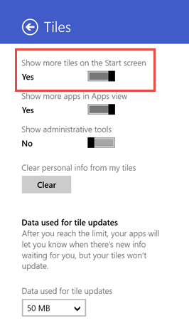 Windows 8.1, pantalla de inicio, mosaicos, más, pantalla
