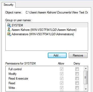permisos para el archivo