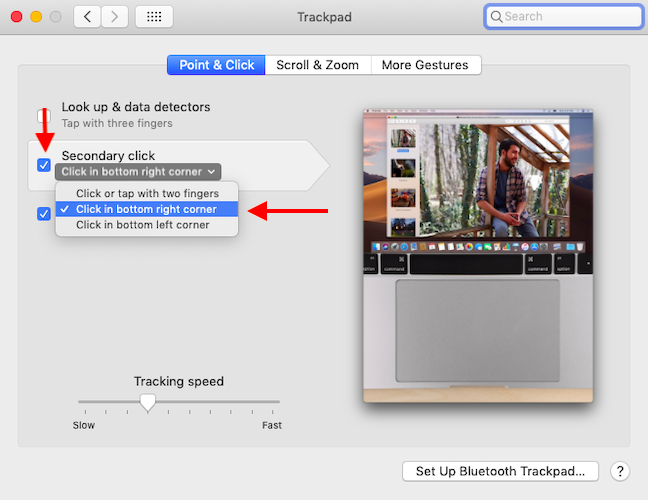 Habilite el clic secundario, luego decida cómo hacer clic derecho con el trackpad