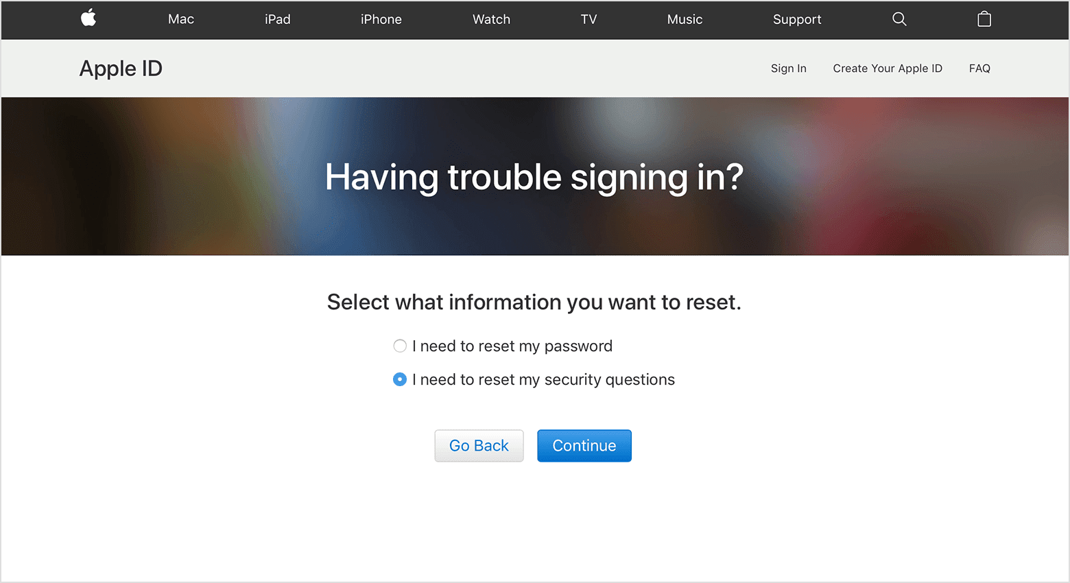 Toca Restablecer preguntas de seguridad.  Cómo acceder a la cuenta de Apple