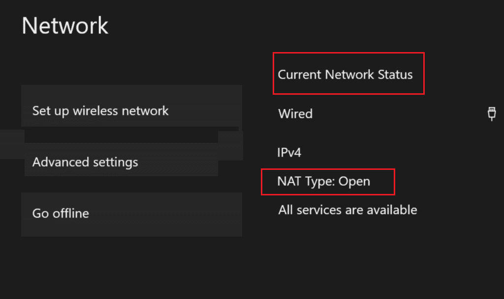 Estado de red actual de Xbox Tipo de NAT