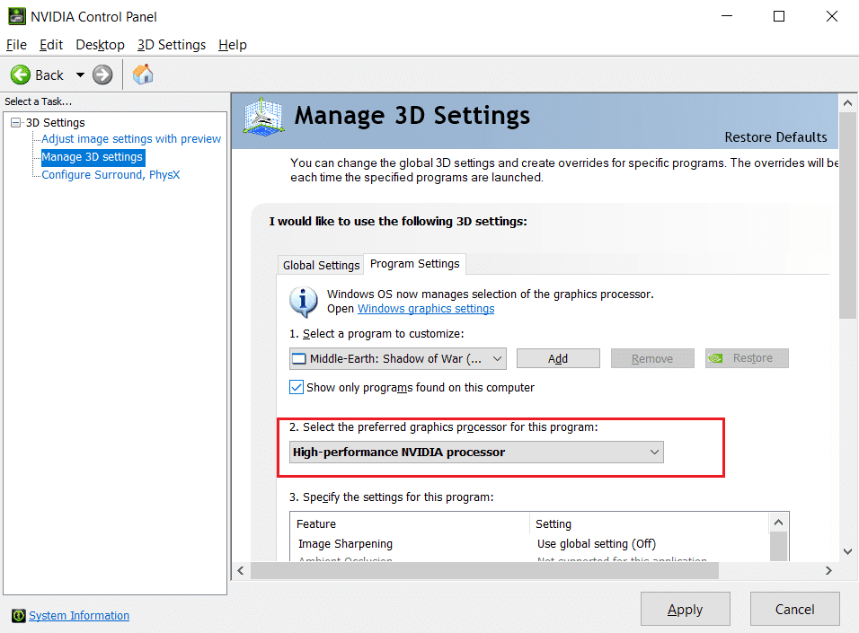 Seleccione Procesador NVIDIA de alto rendimiento en el menú desplegable.
