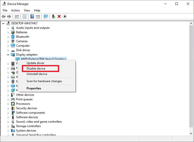 Haga clic con el botón derecho y elija Desactivar dispositivo.  Arreglar la salida de Unreal Engine debido a la pérdida del dispositivo D3D