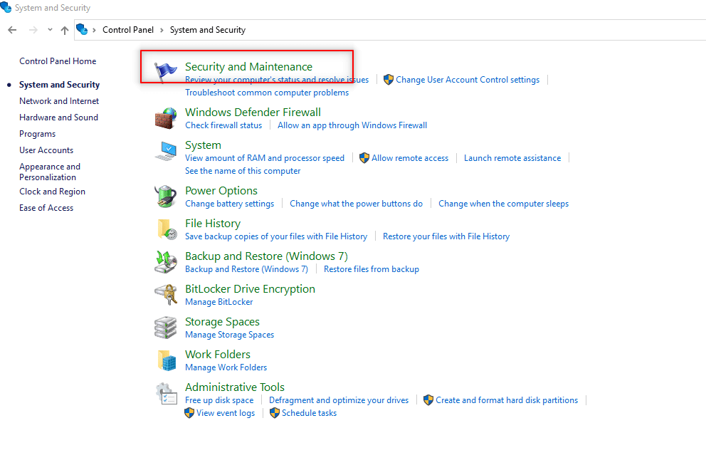 Haga clic en Seguridad y mantenimiento.  Reparar el host nativo de diagnóstico con secuencias de comandos que no funciona