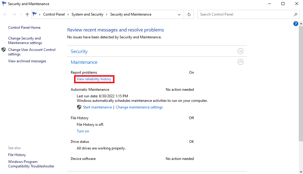 Haga clic en Ver historial de confiabilidad.  Reparar el host nativo de diagnóstico con secuencias de comandos que no funciona
