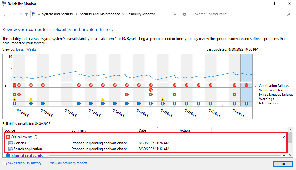 En la sección Detalles de confiabilidad, puede ver los detalles del bloqueo reciente y los eventos de actualización.  Reparar el host nativo de diagnóstico con secuencias de comandos que no funciona