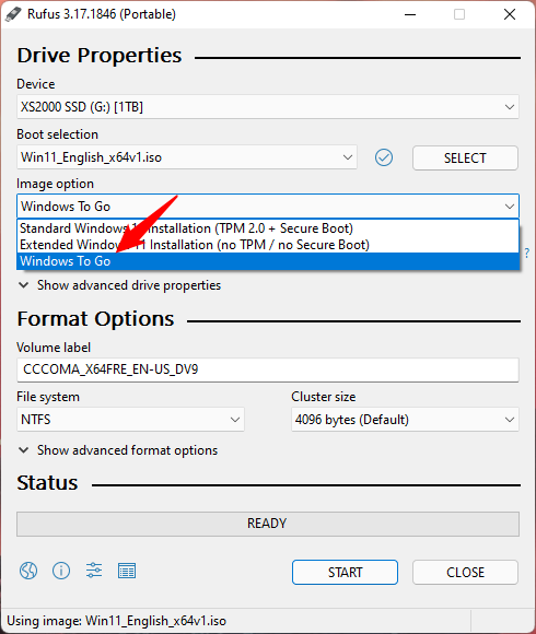 En Rufus, elija crear una unidad de Windows To Go