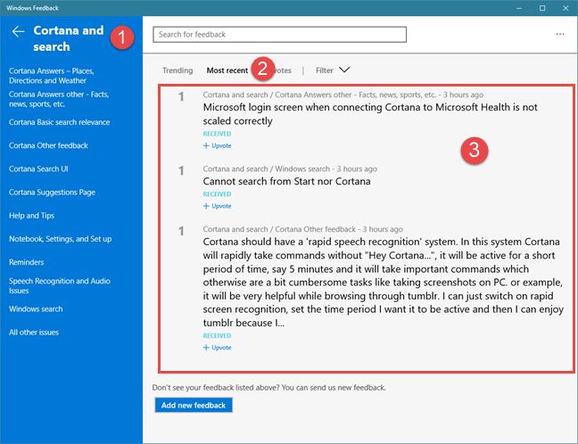 Comentarios de Windows, aplicación, Windows 10, Microsoft, informe, problemas, características