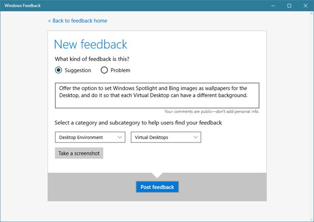 Comentarios de Windows, aplicación, Windows 10, Microsoft, informe, problemas, características